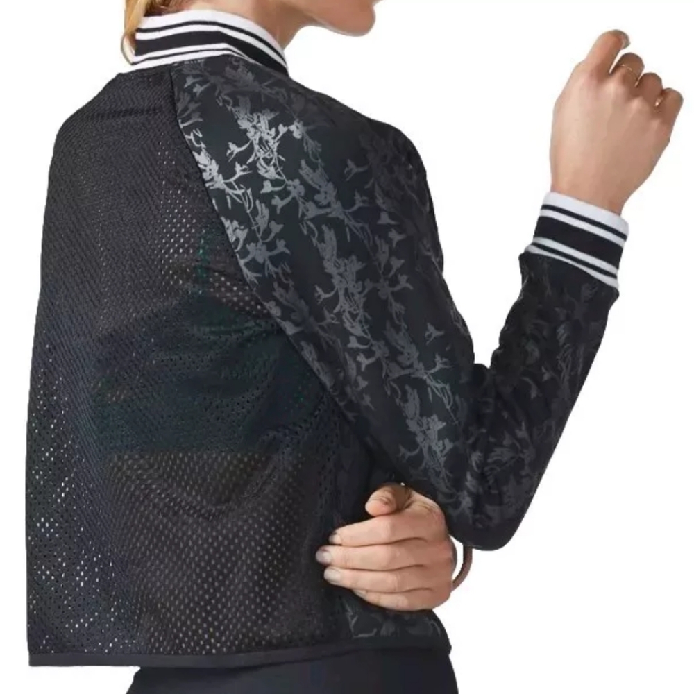 Fabletics Tia Bomber Jacket Woman XL Scuba Cropped Black Floral Mesh Back Active